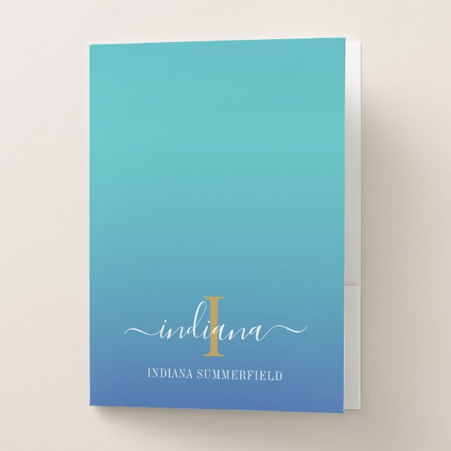 Elegant Monogram Blue Script Pocket Folder (Front)