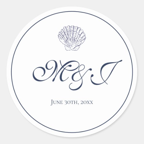 Elegant Monogram Blue Shell Wedding  Classic Round Sticker