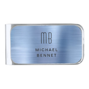 Elegant Monogram Blue Silver Finish Money Clip