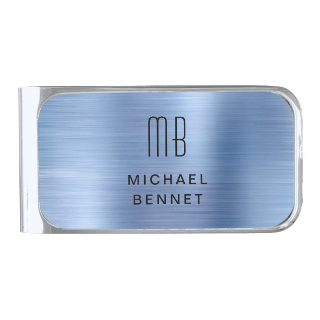 Elegant Monogram Blue Silver Finish Money Clip (Front)