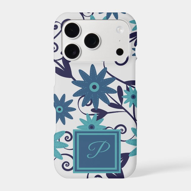 Elegant monogram blue turquoise flower pattern  iphone case (Back)