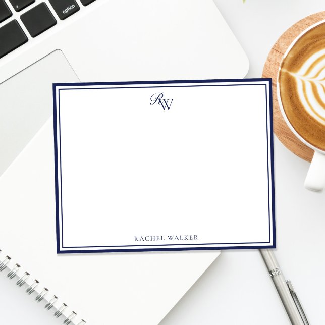 Elegant Monogram Blue Two Border Note Card (Creator Uploaded)