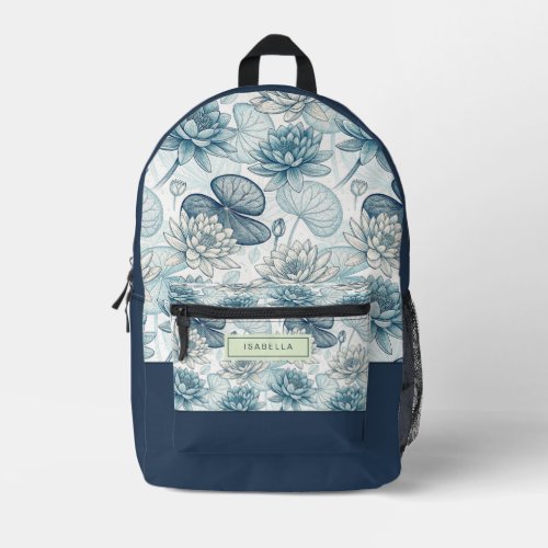 Elegant Monogram Blue Water Lily and Lotus Printed Backpack