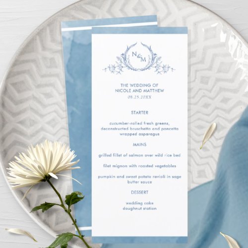 Elegant Monogram Blue Watercolor Wedding Menu