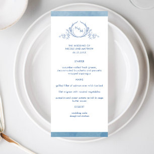 Elegant Monogram Blue Watercolor, Wedding Menu