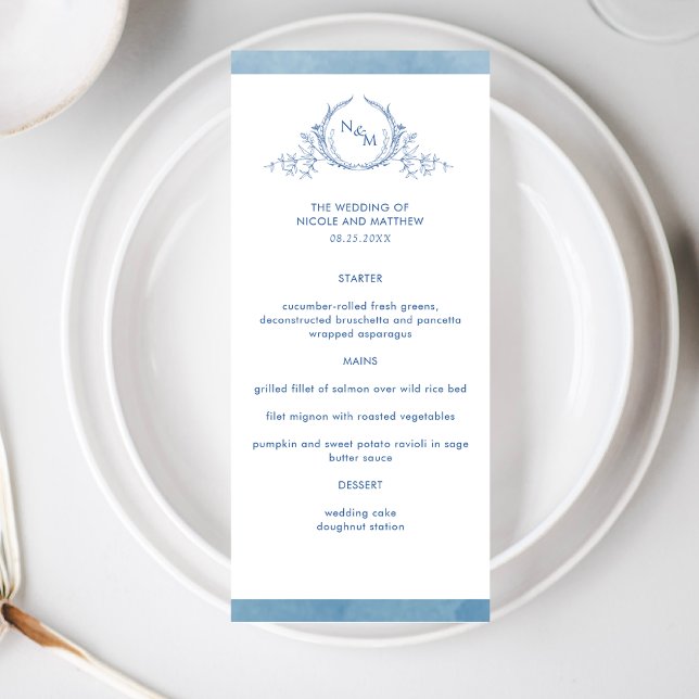 Elegant Monogram Blue Watercolor, Wedding Menu (Creator Uploaded)