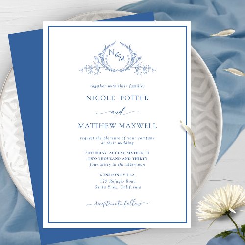 Elegant Monogram Blue Wedding Invitation
