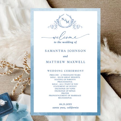 Elegant  Monogram Blue Wedding Program