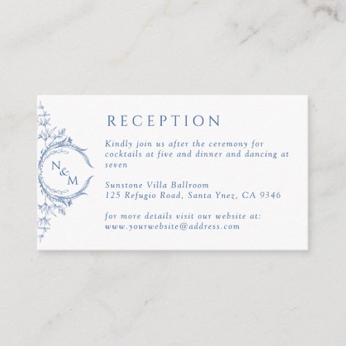 Elegant Monogram Blue Wedding Reception Enclosure Card