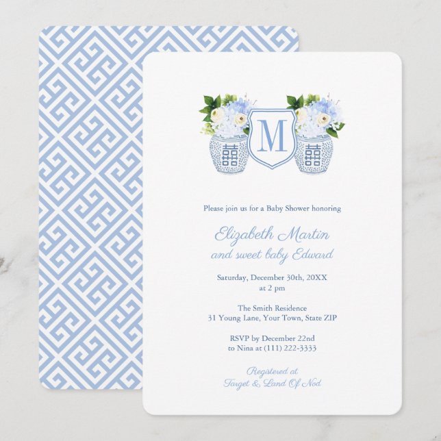 Elegant Monogram Blue White Boy Baby Shower Party Invitation (Front/Back)