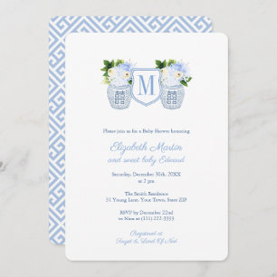 Elegant Monogram Blue White Boy Baby Shower Party Invitation