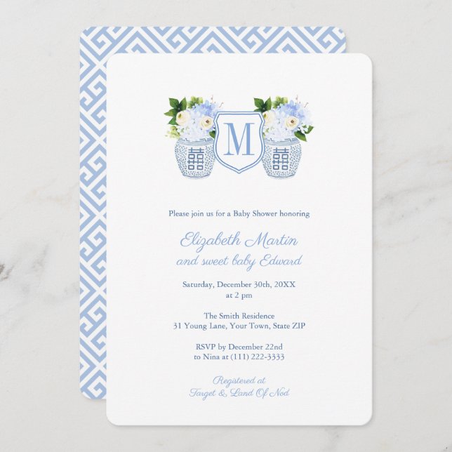 Elegant Monogram Blue White Boy Baby Shower Party Invitation (Front/Back)