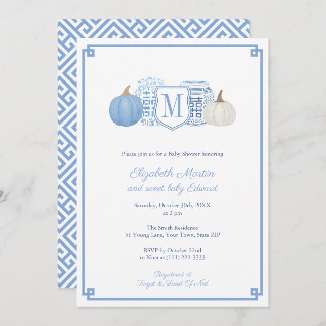 Elegant Monogram Blue & White Pumpkins Baby Shower Invitation (Front/Back)