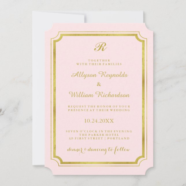 Elegant Monogram Blush Pink and Faux Gold Wedding Invitation (Front)