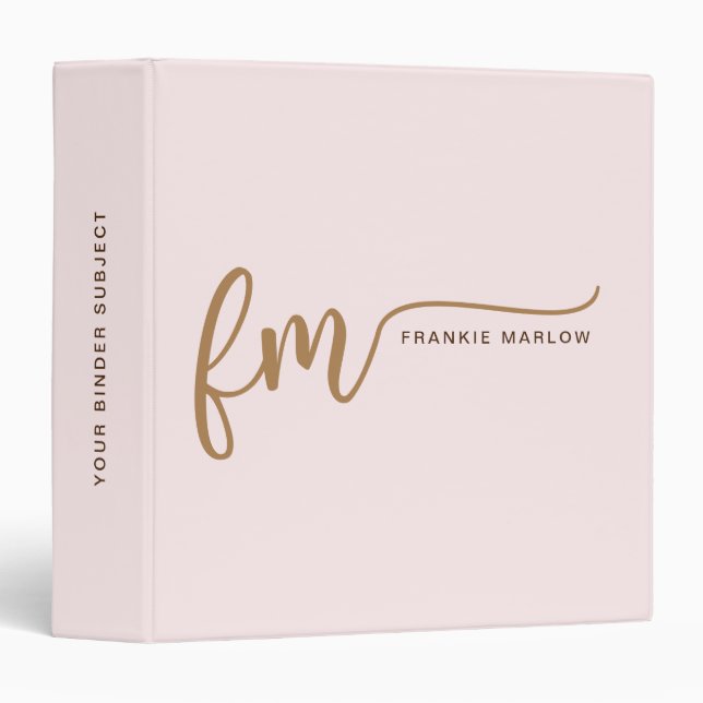 Elegant Monogram Blush Pink And Gold Script Name 3 Ring Binder (Front/Spine)