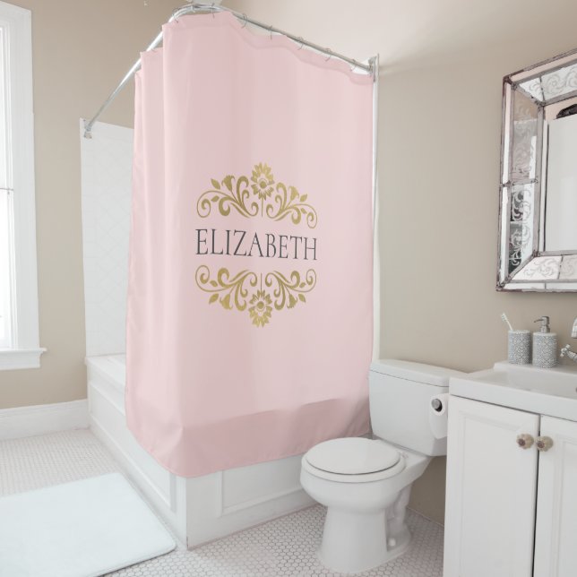 Elegant Monogram Blush Pink Gold Shower Curtain (In Situ)