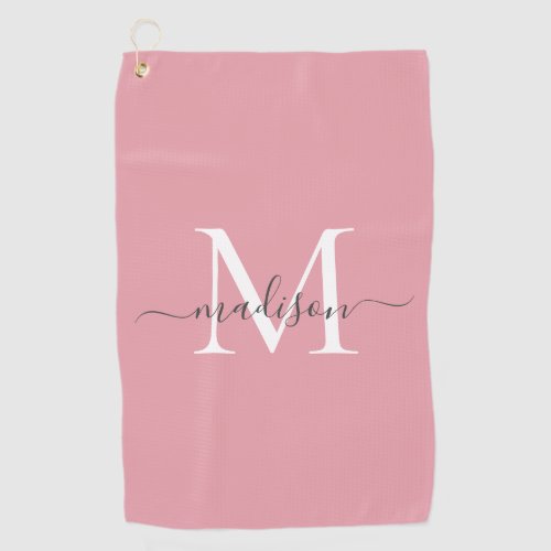 Elegant Monogram Blush Pink Gray Girly Script Name Golf Towel
