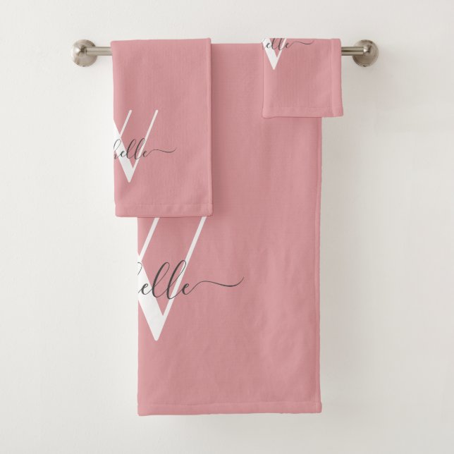 Elegant Monogram Blush Pink Name Script Bath Towel Set (Insitu)