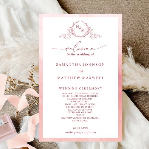 Elegant  Monogram Blush Pink Wedding Program