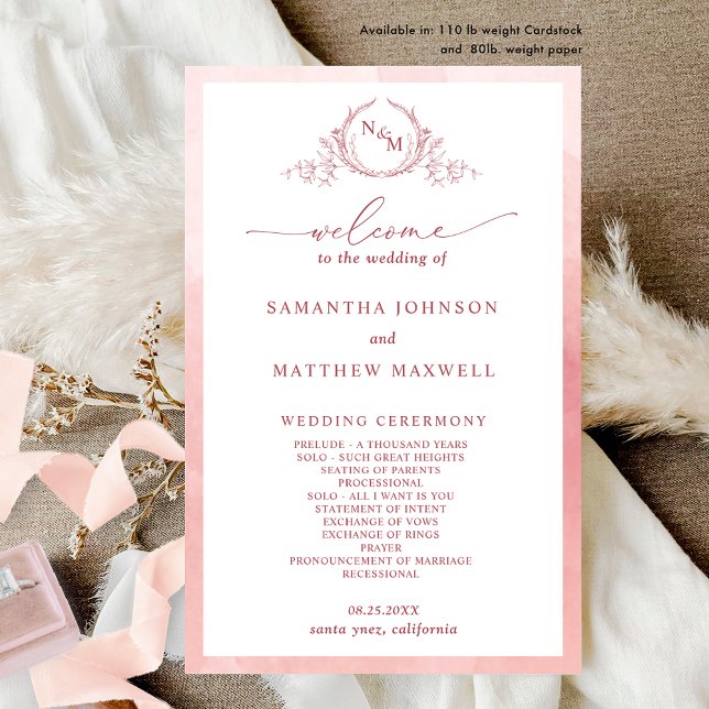 Elegant  Monogram Blush Pink Wedding Program (Creator Uploaded)