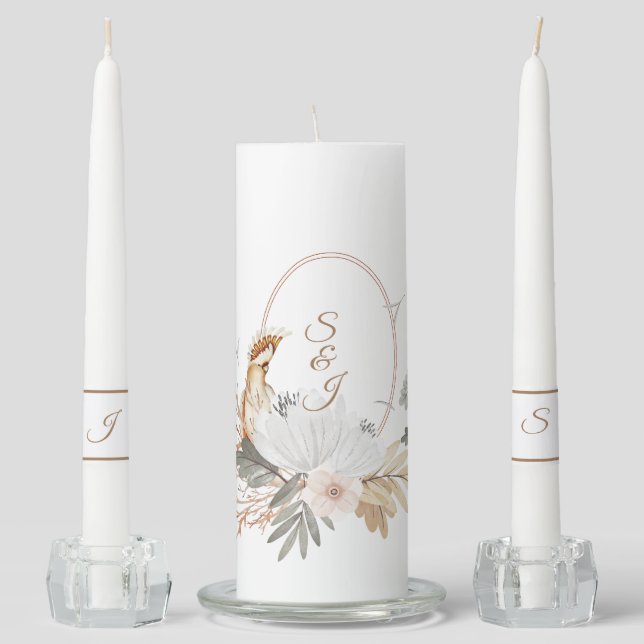 Elegant Monogram Boho flowers  Unity Candle Set (Front)