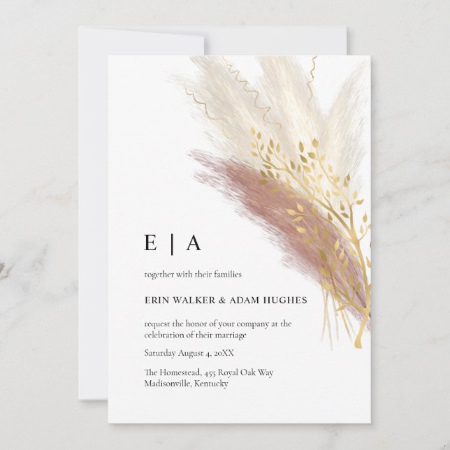 Elegant Monogram Boho Pink Gold Pampas Grass Invitation (Front)