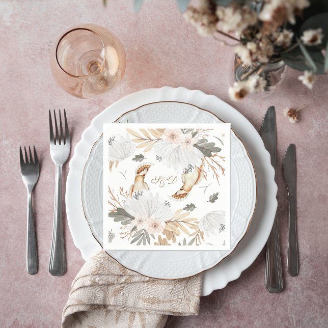 Elegant Monogram Boho Watercolor flowers & Birds Napkins (Creator Uploaded)