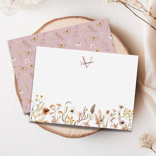 Elegant Monogram Boho Watercolor Wildflower Floral Note Card (Creator Uploaded)