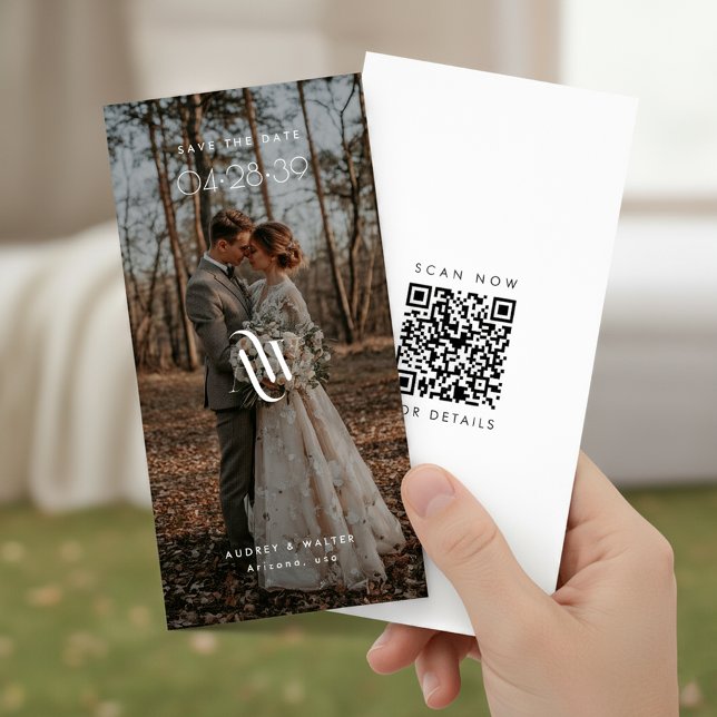 Elegant Monogram Bookmark QR-code Rustic Photo Save The Date (Creator Uploaded)