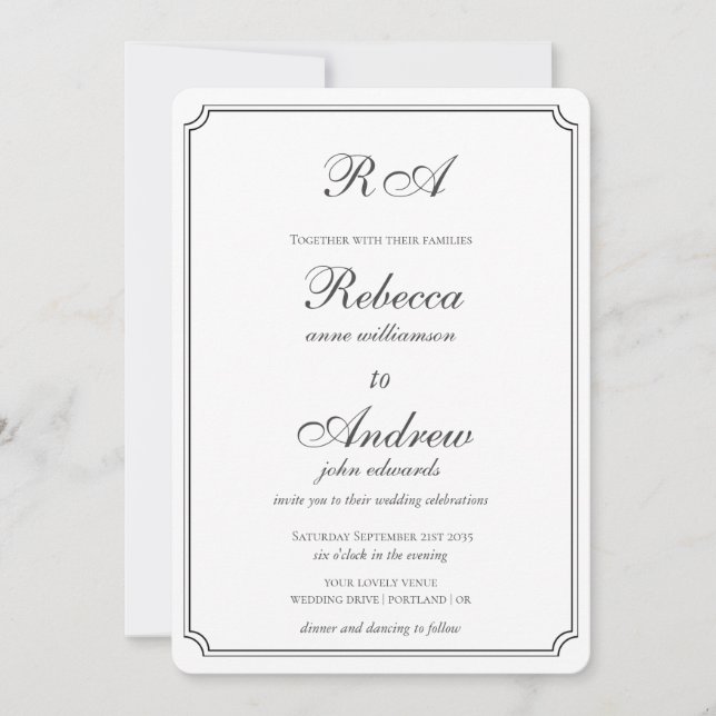 Elegant monogram borders black and white wedding i invitation (Front)