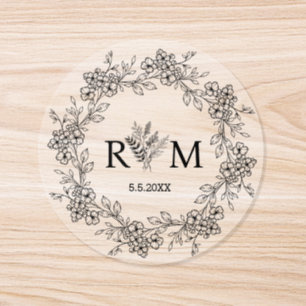 elegant monogram botanical floral wedding clear classic round sticker