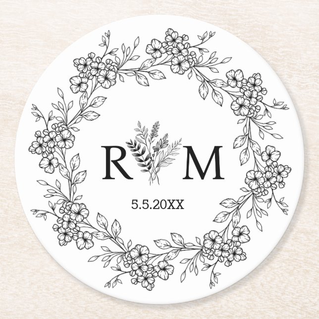 elegant monogram botanical floral wedding  round paper coaster (Front)