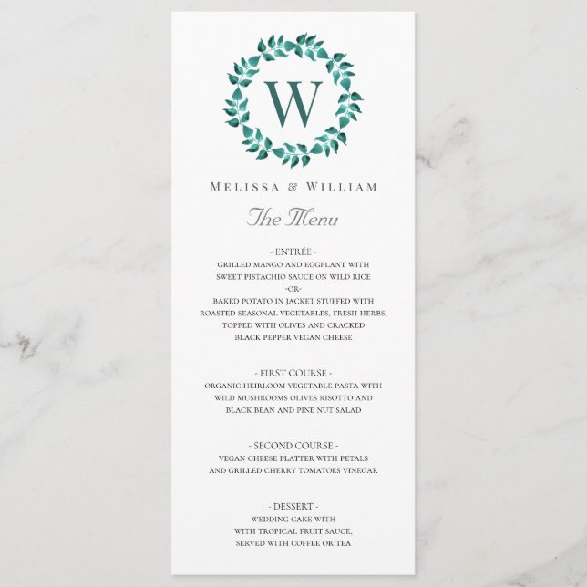 Elegant Monogram Botanical Green Teal Wedding Menu (Front)