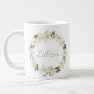 Elegant Monogram Botanical Lily Design   Giant Coffee Mug