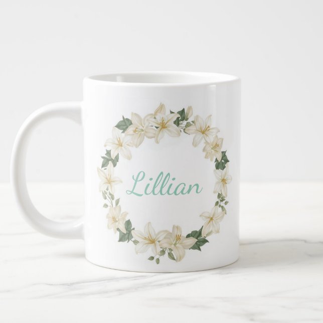 Elegant Monogram Botanical Lily Design   Giant Coffee Mug (Left)