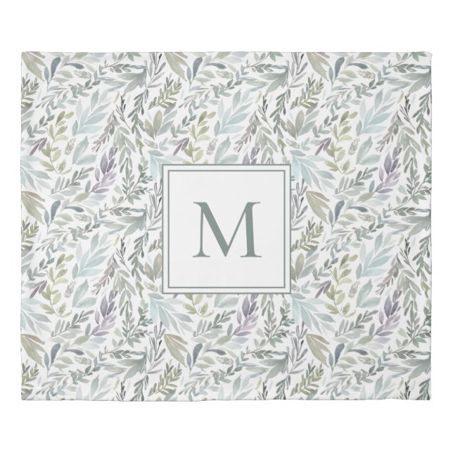 Elegant Monogram Botanical Watercolor King Duvet Cover (Front)