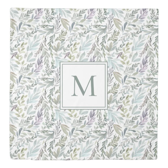Elegant Monogram Botanical Watercolor Queen Duvet Cover (Front)