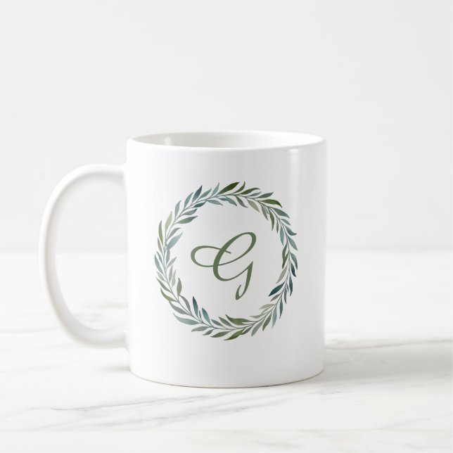 Elegant Monogram Botanical Wreath Coffee Mug (Left)
