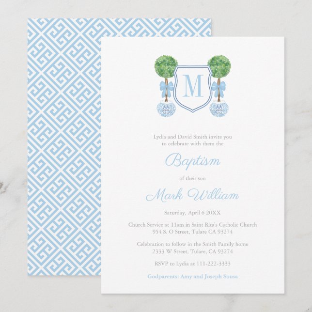 Elegant Monogram Boxwood Boy Baptism Celebration Invitation (Front/Back)