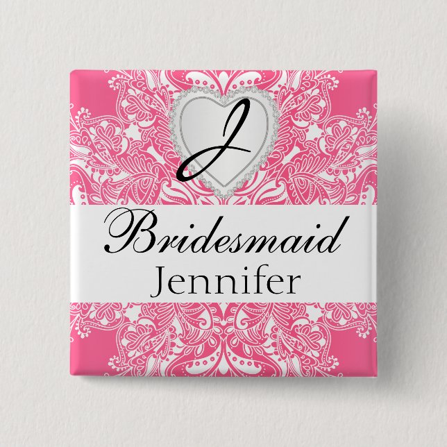 Elegant Monogram Bridal Party Pink Design Button (Front)