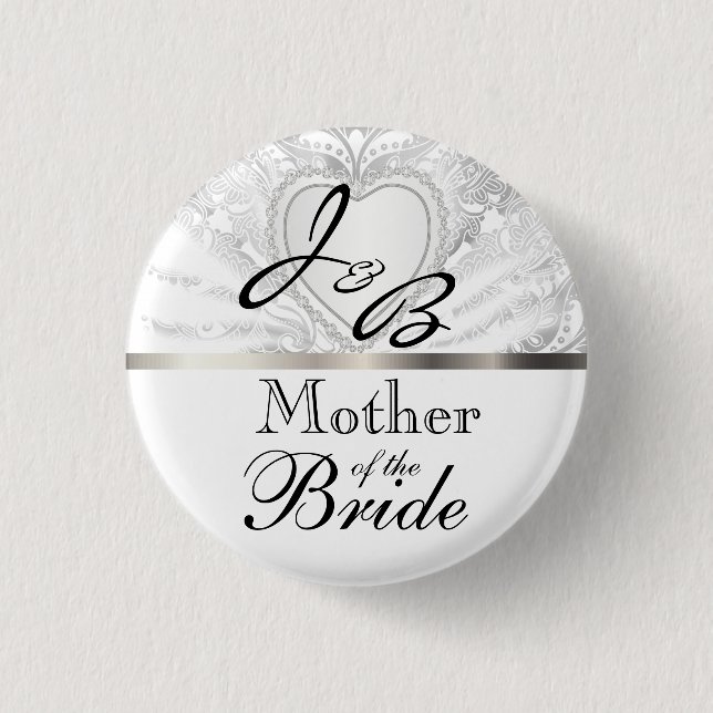 Elegant Monogram Bridal Party White Satin Design Button (Front)