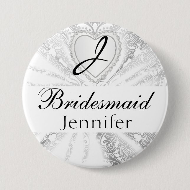 Elegant Monogram Bridal Party White Satin Design Pinback Button (Front)