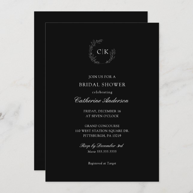 Elegant Monogram Bridal Shower Invitation (Front/Back)