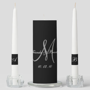 Elegant Monogram Bride Groom Name Black Wedding Unity Candle Set