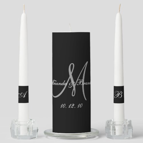 Elegant Monogram Bride Groom Name Black Wedding Unity Candle Set