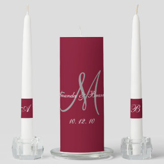 Elegant Monogram Bride Groom Name Burgundy Wedding Unity Candle Set