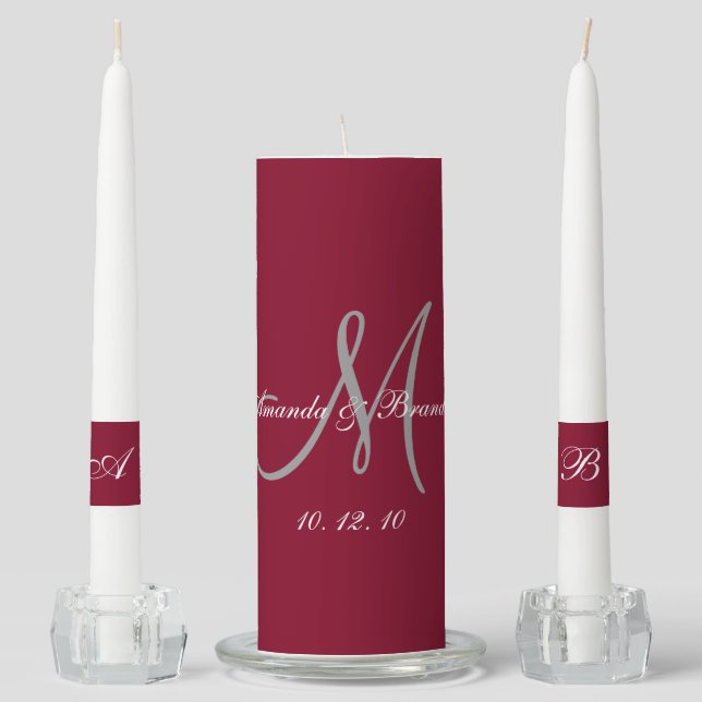 Elegant Monogram Bride Groom Name Burgundy Wedding Unity Candle Set (Front)