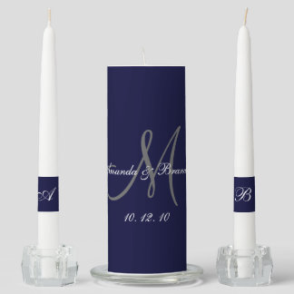 Elegant Monogram Bride Groom Names Blue Wedding Unity Candle Set