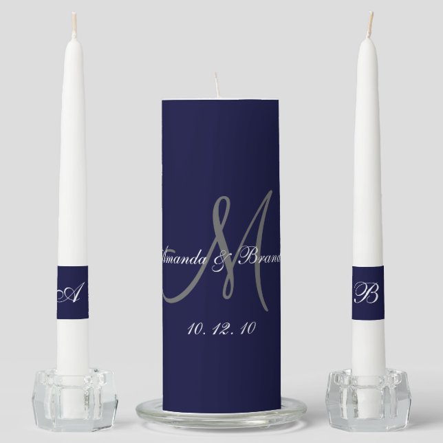 Elegant Monogram Bride Groom Names Blue Wedding Unity Candle Set (Front)