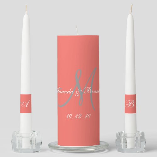 Elegant Monogram Bride Groom Names Coral Wedding Unity Candle Set